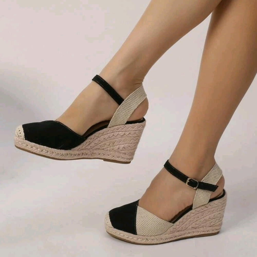 Cap Toe Ankle Strap Espadrille Linen Wedge Court Shoes - Picture 3 of 7